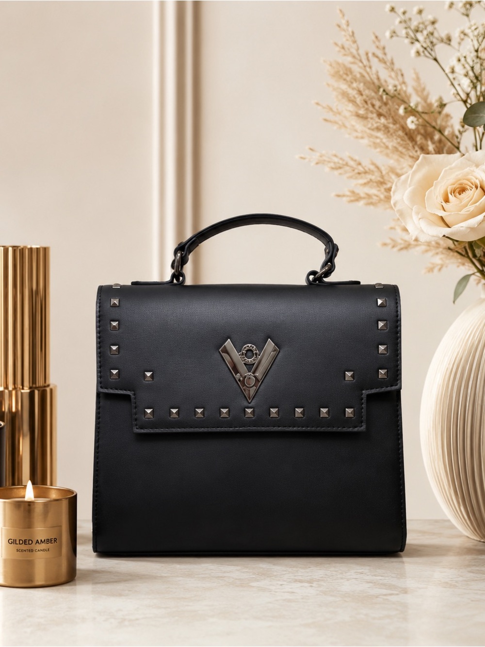 Valentino Orlandi Black Vegan Leather Studded Top-Handle Satchel NWT